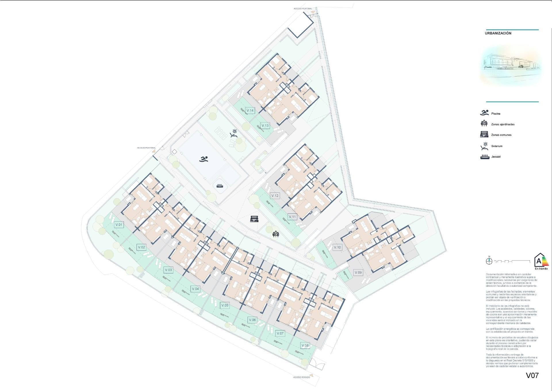 Newly-Built-Semi-Detached-and-Terraced-Houses-in-Cabo-de-las-Huertas-Alicante-12 Development site plan showing townhouses, communal pool, jacuzzi and gardens in Cabo de las Huertas, Alicante