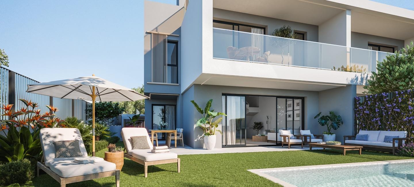 Newly-Built-Semi-Detached-and-Terraced-Houses-in-Cabo-de-las-Huertas-Alicante-2 Rendering of a private garden, porch and optional pool in Cabo de las Huertas, Alicante