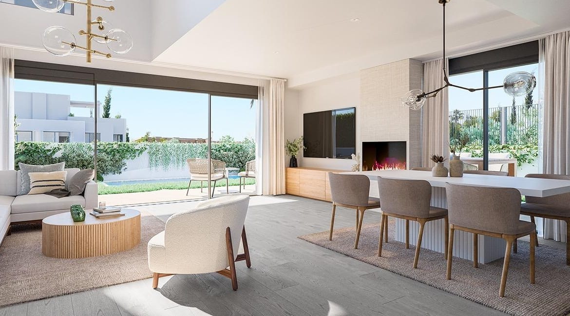 Rendering of an open-plan living and dining area opening onto a terrace in Cabo de las Huertas, Alicante