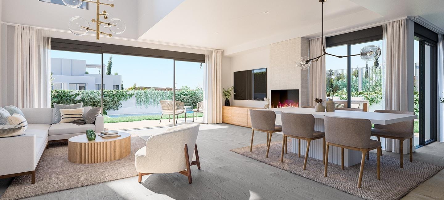 Newly-Built-Semi-Detached-and-Terraced-Houses-in-Cabo-de-las-Huertas-Alicante-3 Rendering of an open-plan living and dining area opening onto a terrace in Cabo de las Huertas, Alicante