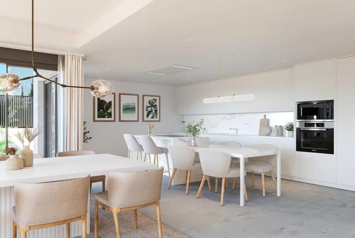 Rendering of a white kitchen with breakfast bar and dining area in Cabo de las Huertas, Alicante