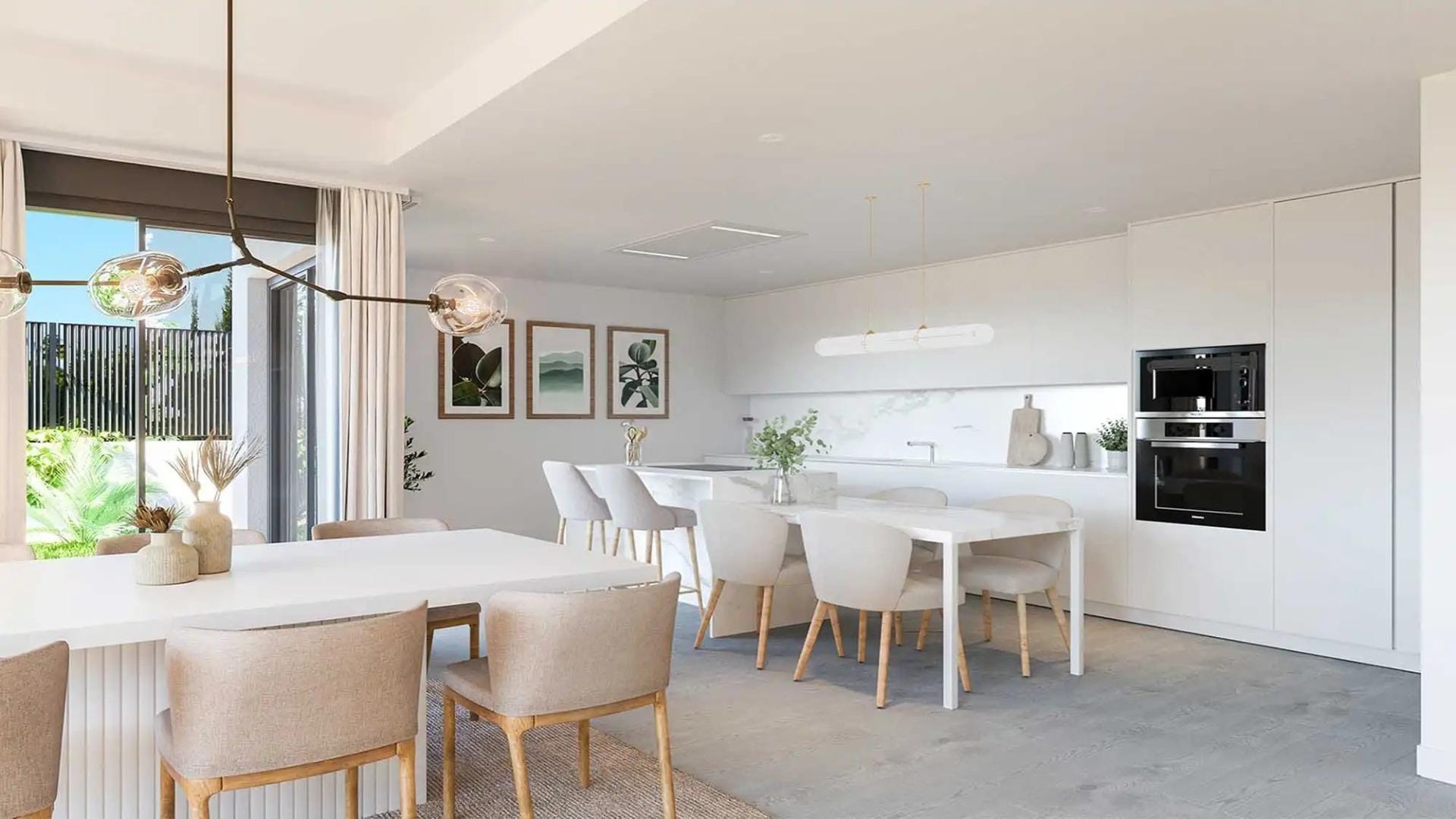 Newly-Built-Semi-Detached-and-Terraced-Houses-in-Cabo-de-las-Huertas-Alicante-4 Rendering of a white kitchen with breakfast bar and dining area in Cabo de las Huertas, Alicante
