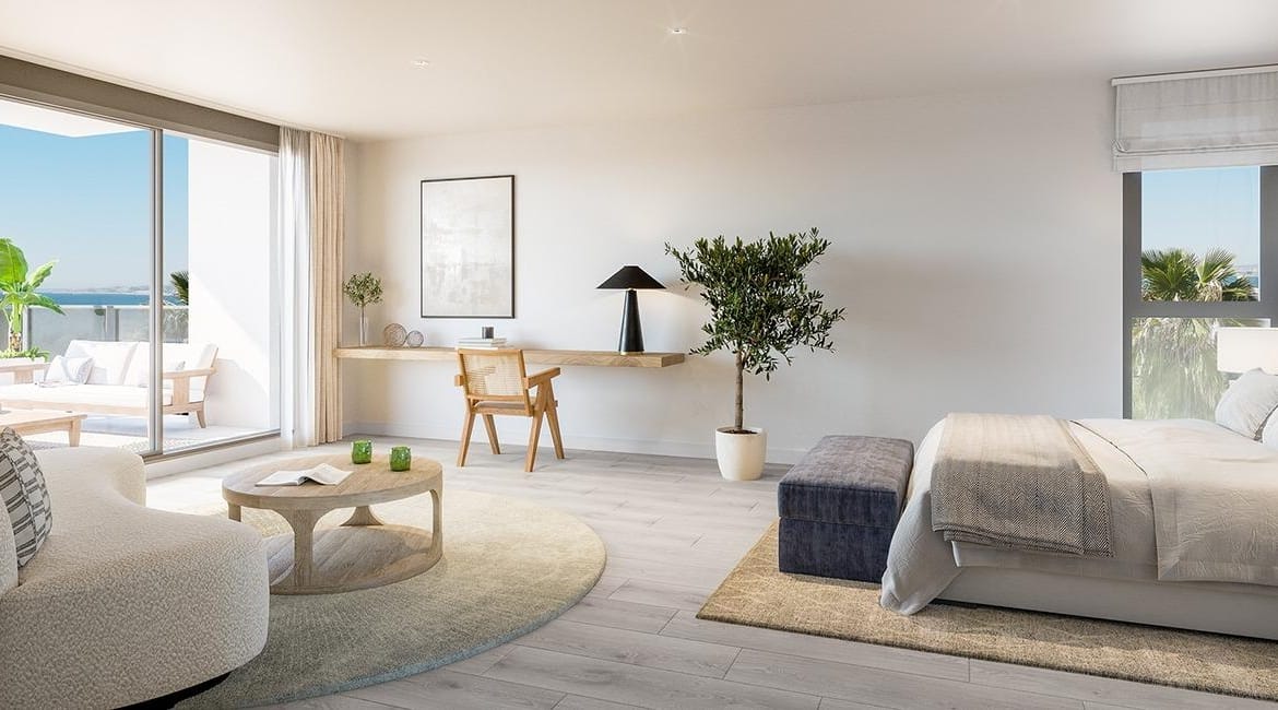 Rendering of a bedroom with seating area and terrace access in Cabo de las Huertas, Alicante