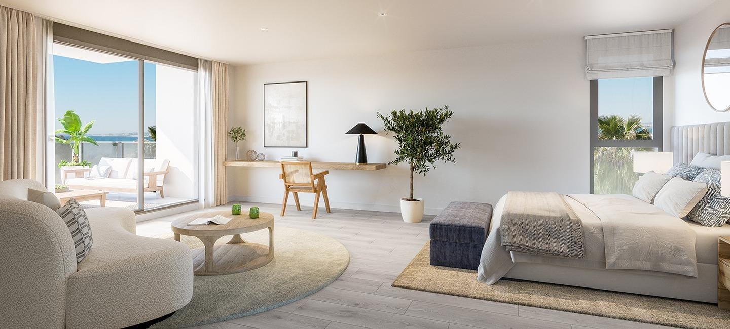 Newly-Built-Semi-Detached-and-Terraced-Houses-in-Cabo-de-las-Huertas-Alicante-5 Rendering of a bedroom with seating area and terrace access in Cabo de las Huertas, Alicante