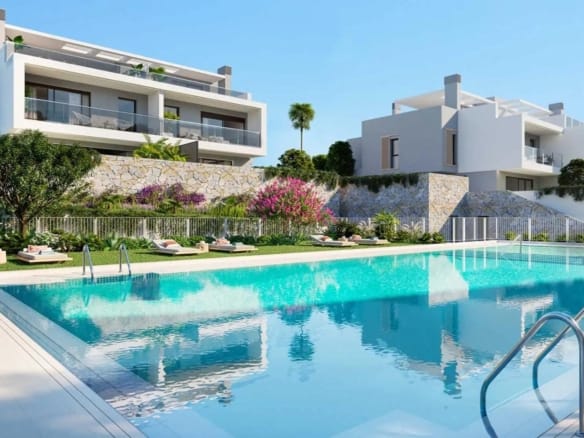 Rendering of communal pool and landscaped grounds with contemporary townhouses in Cabo de las Huertas, Alicante