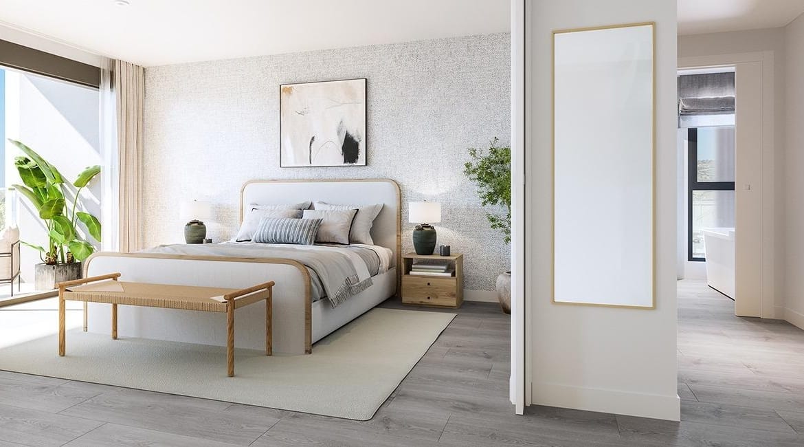 Rendering of a bedroom with adjoining bathroom and terrace access in Cabo de las Huertas, Alicante