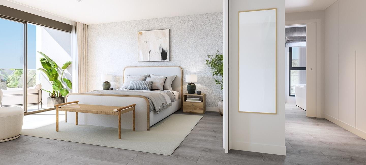 Newly-Built-Semi-Detached-and-Terraced-Houses-in-Cabo-de-las-Huertas-Alicante-6 Rendering of a bedroom with adjoining bathroom and terrace access in Cabo de las Huertas, Alicante