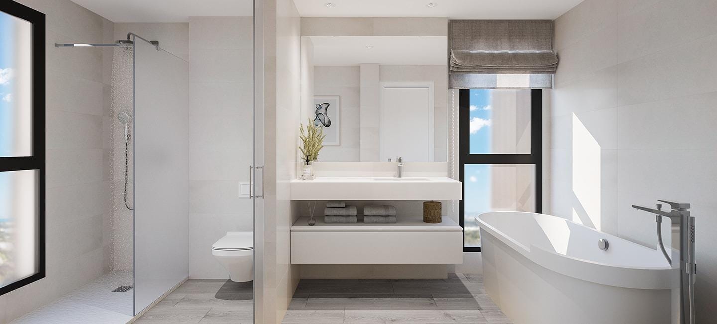 Newly-Built-Semi-Detached-and-Terraced-Houses-in-Cabo-de-las-Huertas-Alicante-7 Rendering of a bathroom with shower, bathtub and vanity in Cabo de las Huertas, Alicante