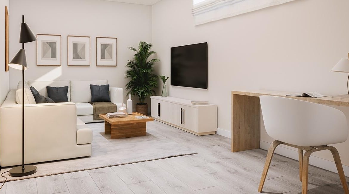 Rendering of a lounge and workspace with a high window in Cabo de las Huertas, Alicante