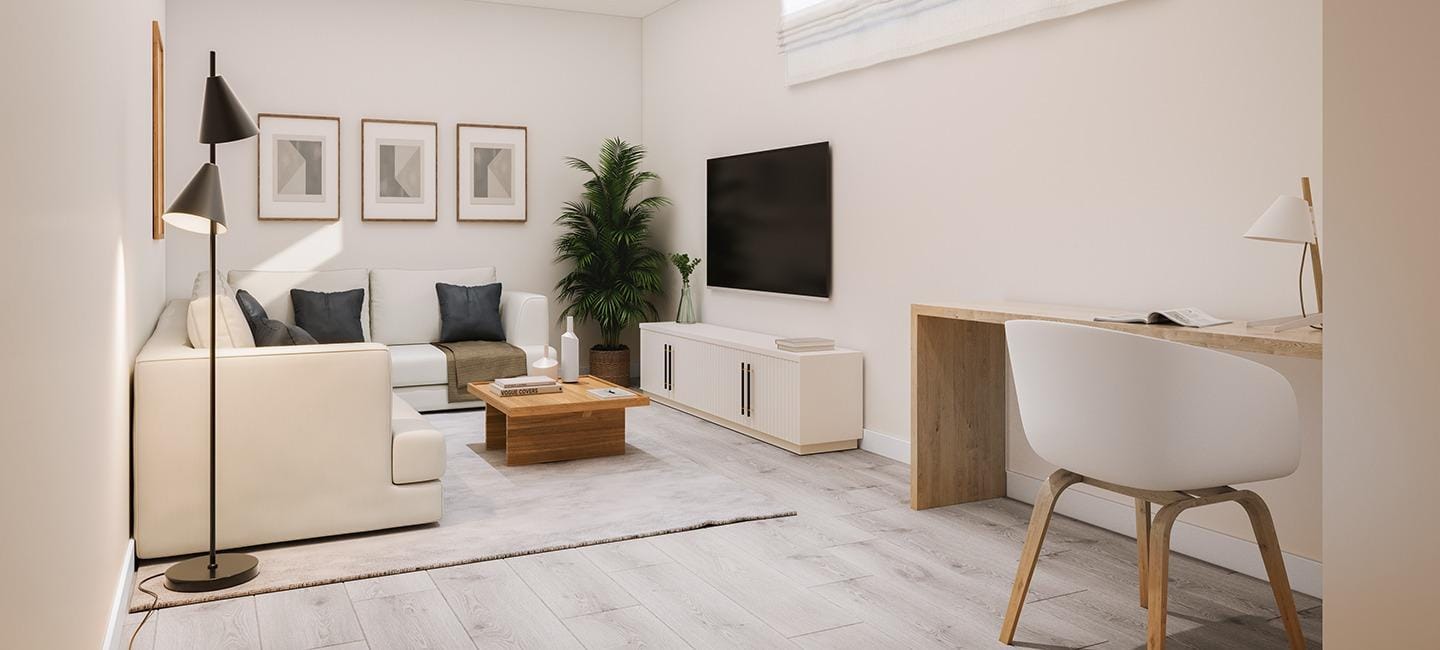 Newly-Built-Semi-Detached-and-Terraced-Houses-in-Cabo-de-las-Huertas-Alicante-8 Rendering of a lounge and workspace with a high window in Cabo de las Huertas, Alicante