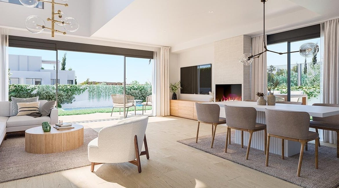 Rendering of an open-plan living and dining area with fireplace in Cabo de las Huertas, Alicante