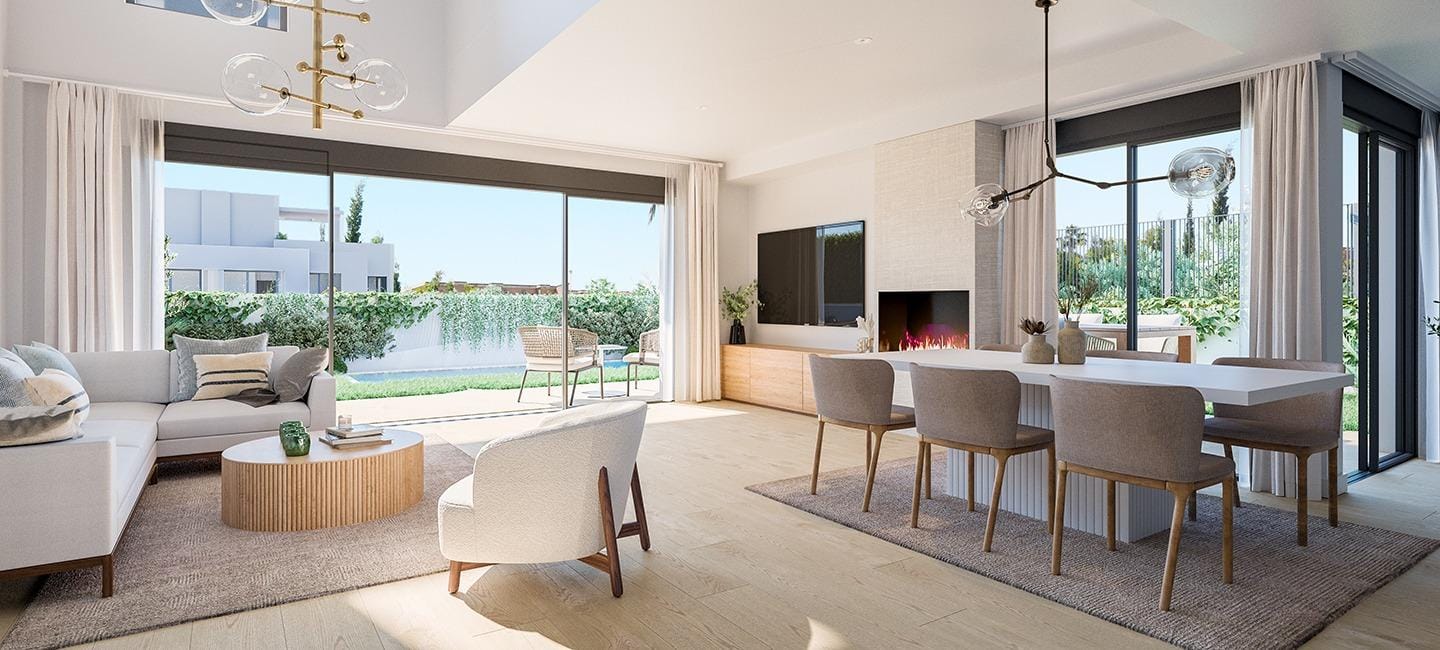 Newly-Built-Semi-Detached-and-Terraced-Houses-in-Cabo-de-las-Huertas-Alicante-9 Rendering of an open-plan living and dining area with fireplace in Cabo de las Huertas, Alicante