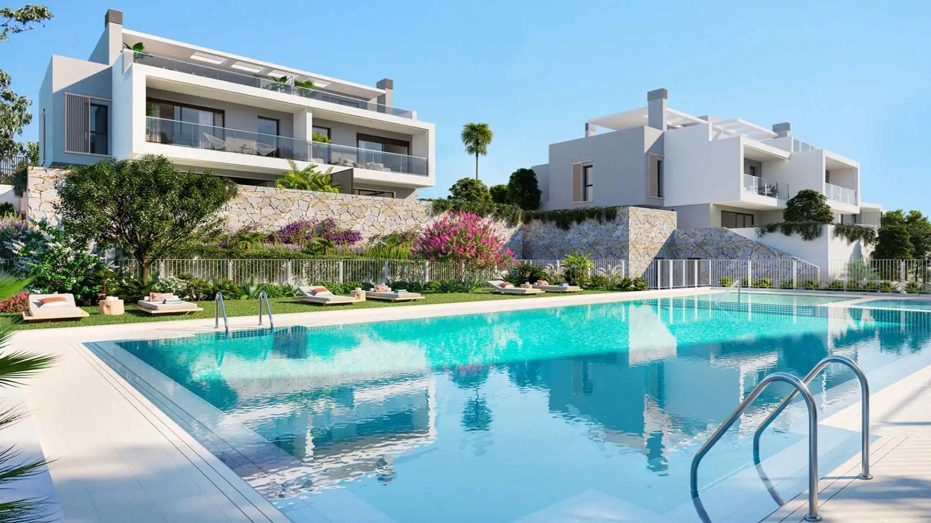 Newly Built Semi-Detached and Terraced Houses in Cabo de las Huertas Rendering of communal pool and landscaped grounds with contemporary townhouses in Cabo de las Huertas, Alicante