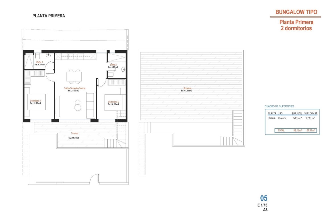 Floor plan of the first-floor 2 bedroom apartment with private terrace and rooftop solarium in Condado de Alhama Golf Resort