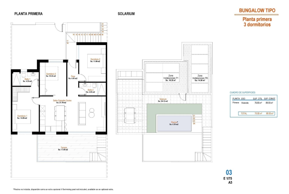 Floor plan of the first-floor 3 bedroom apartment with private terrace, rooftop solarium and optional pool in Condado de Alhama Golf Resort