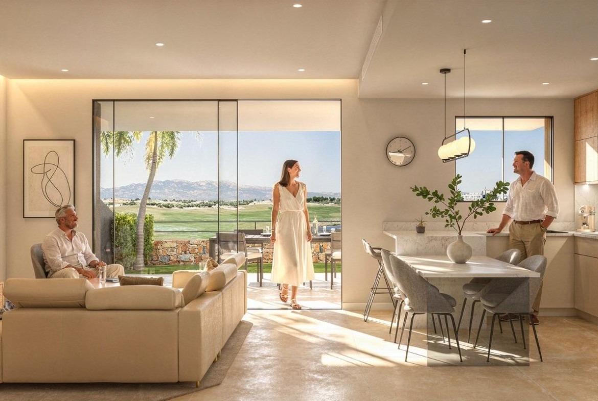 Open-plan living and dining room overlooking the golf course in Condado de Alhama Golf Resort