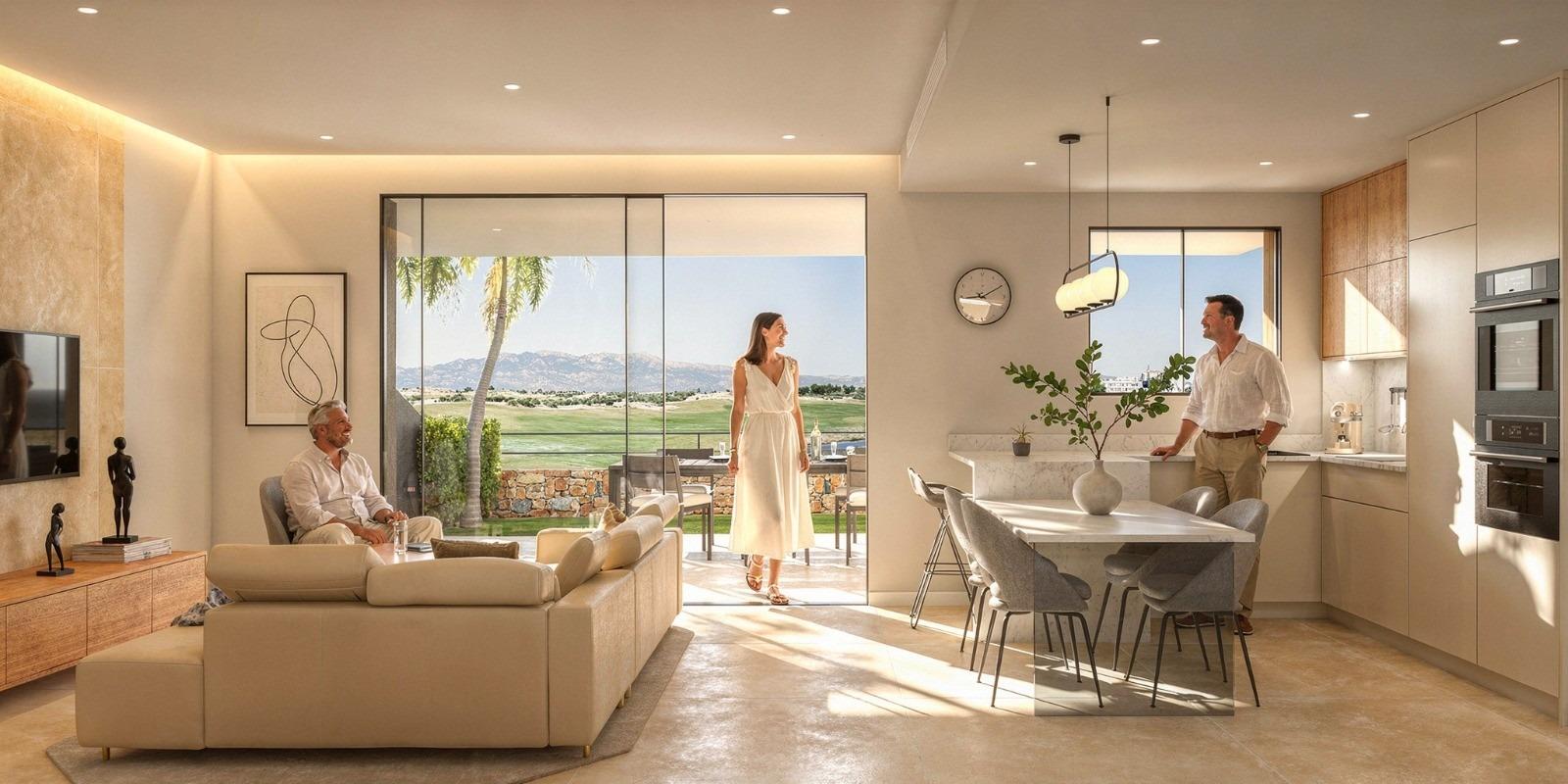 Open-plan living and dining room overlooking the golf course in Condado de Alhama Golf Resort