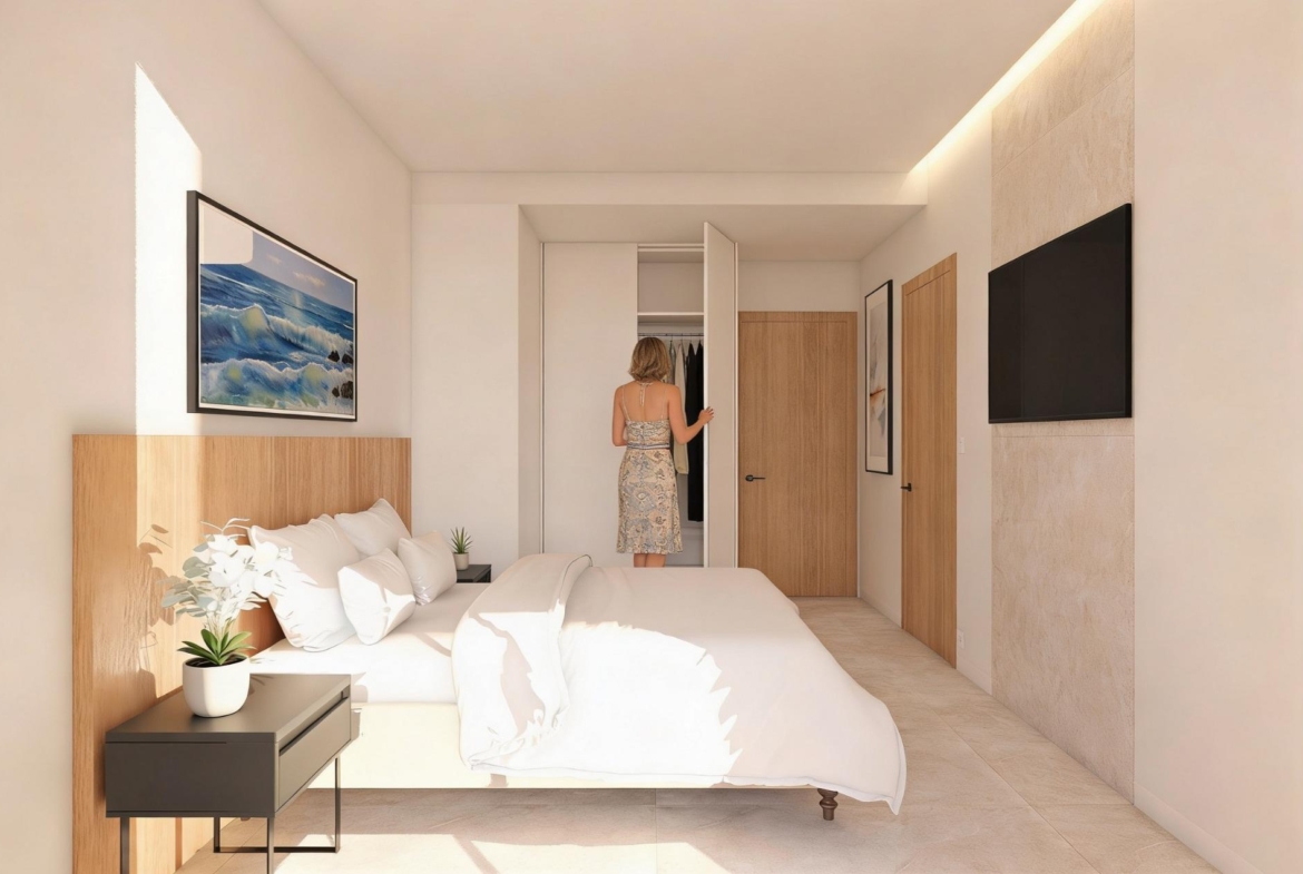Bright double bedroom with fitted wardrobe in a golf apartment at Condado de Alhama Golf Resort