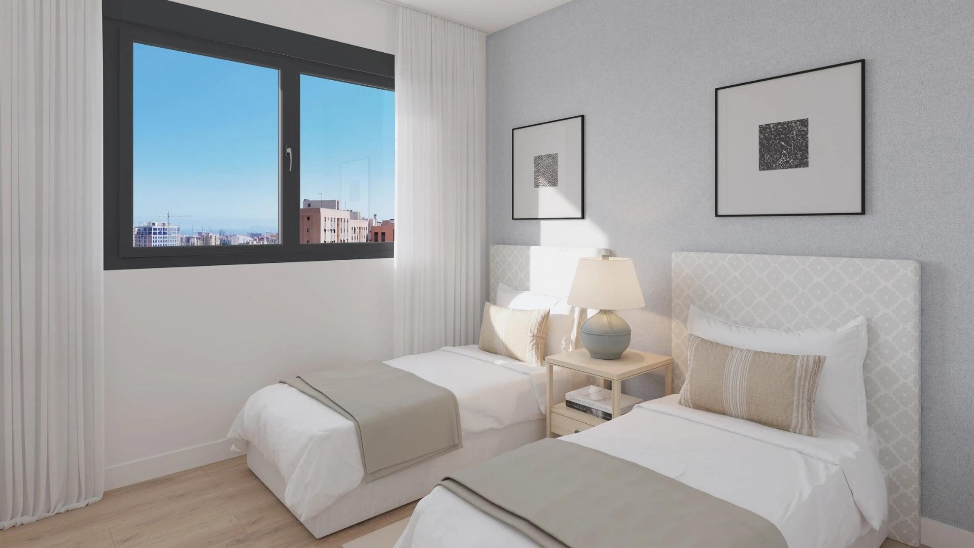Newly-built-residential-development-in-Alicante-with-open-views-of-the-city-10 Twin bedroom with grey feature wall and city outlook in San Agustín, Alicante