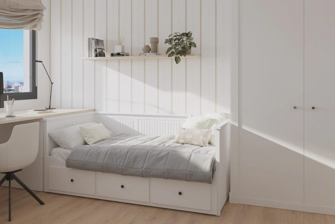 Single bedroom with built-in wardrobe and desk by the window in San Agustín, Alicante