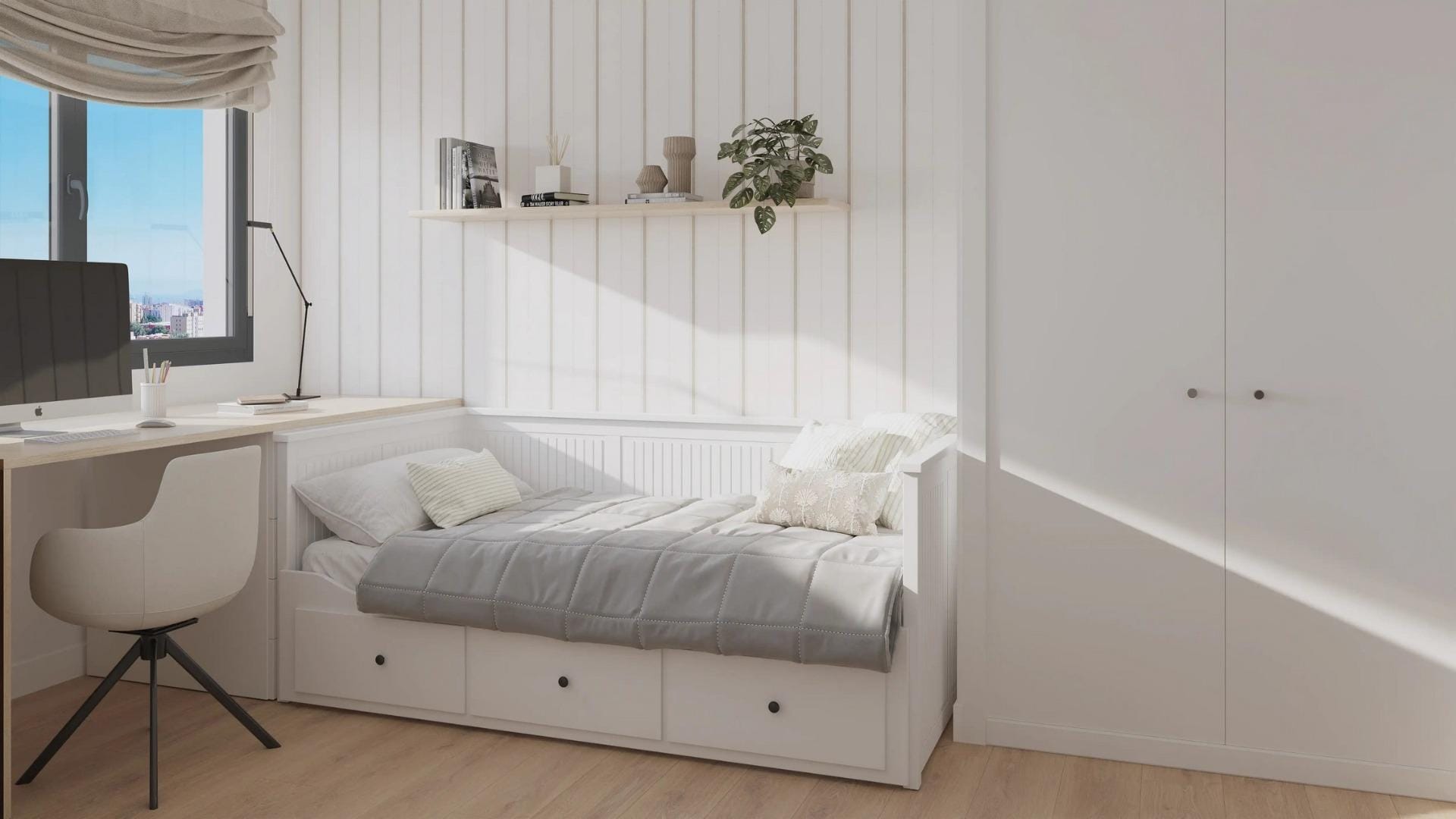 Newly-built-residential-development-in-Alicante-with-open-views-of-the-city-11 Single bedroom with built-in wardrobe and desk by the window in San Agustín, Alicante