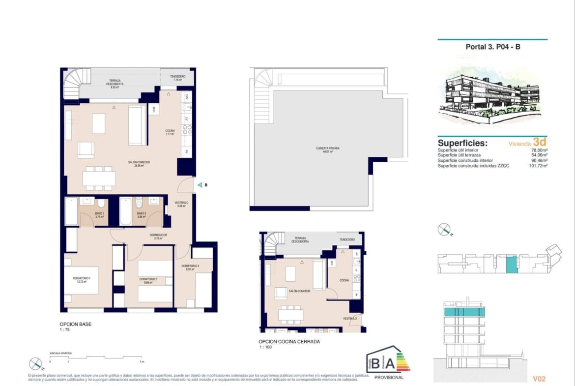 3 bedroom penthouse floor plan with kitchen layout options, terrace and rooftop solarium in San Agustín, Alicante