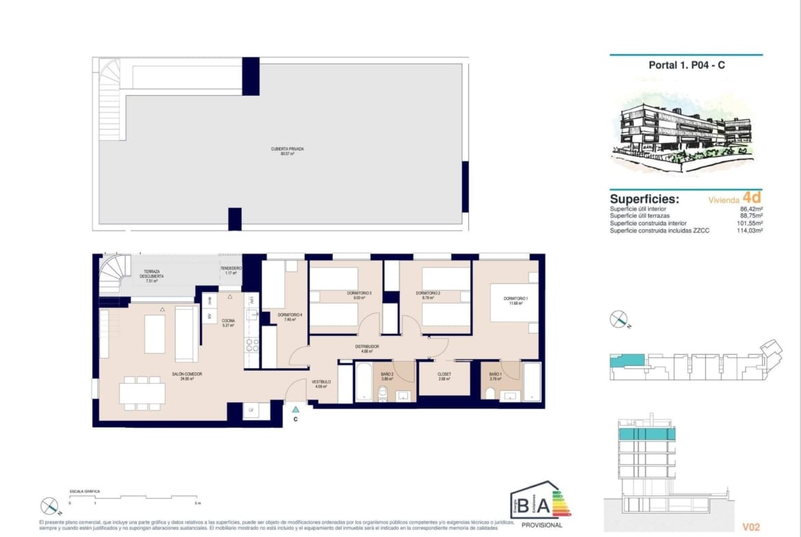 4 bedroom penthouse floor plan with separate kitchen, terrace and rooftop solarium in San Agustín, Alicante