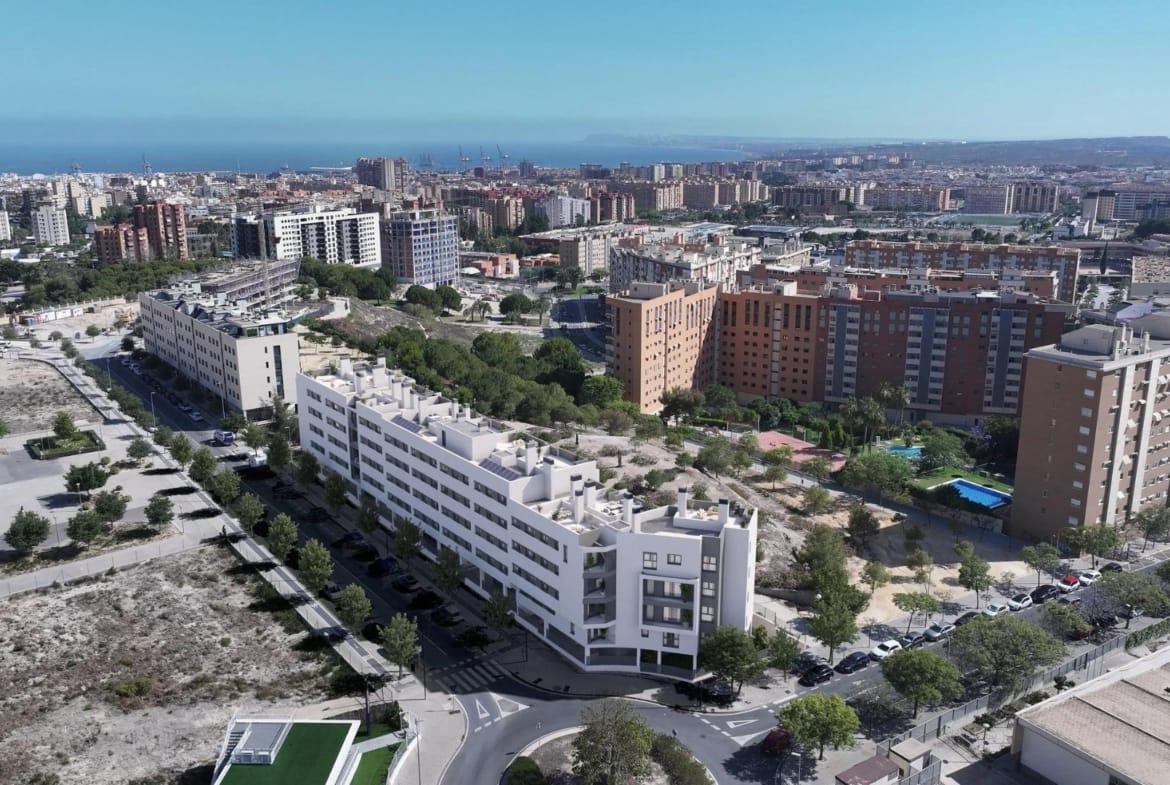 Aerial view of the apartment development and Alicante coastline from San Agustín, Alicante