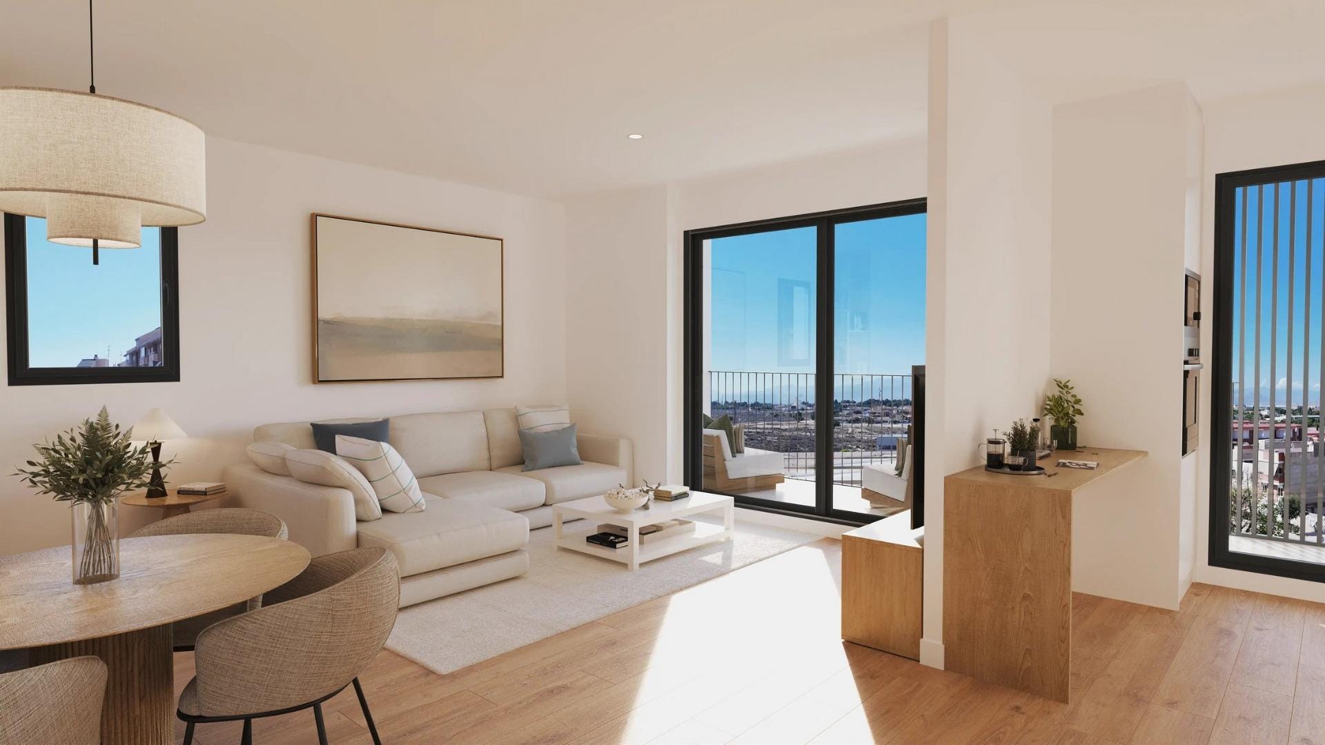 Newly-built-residential-development-in-Alicante-with-open-views-of-the-city-6 Living and dining room with white sofa and terrace doors in San Agustín, Alicante