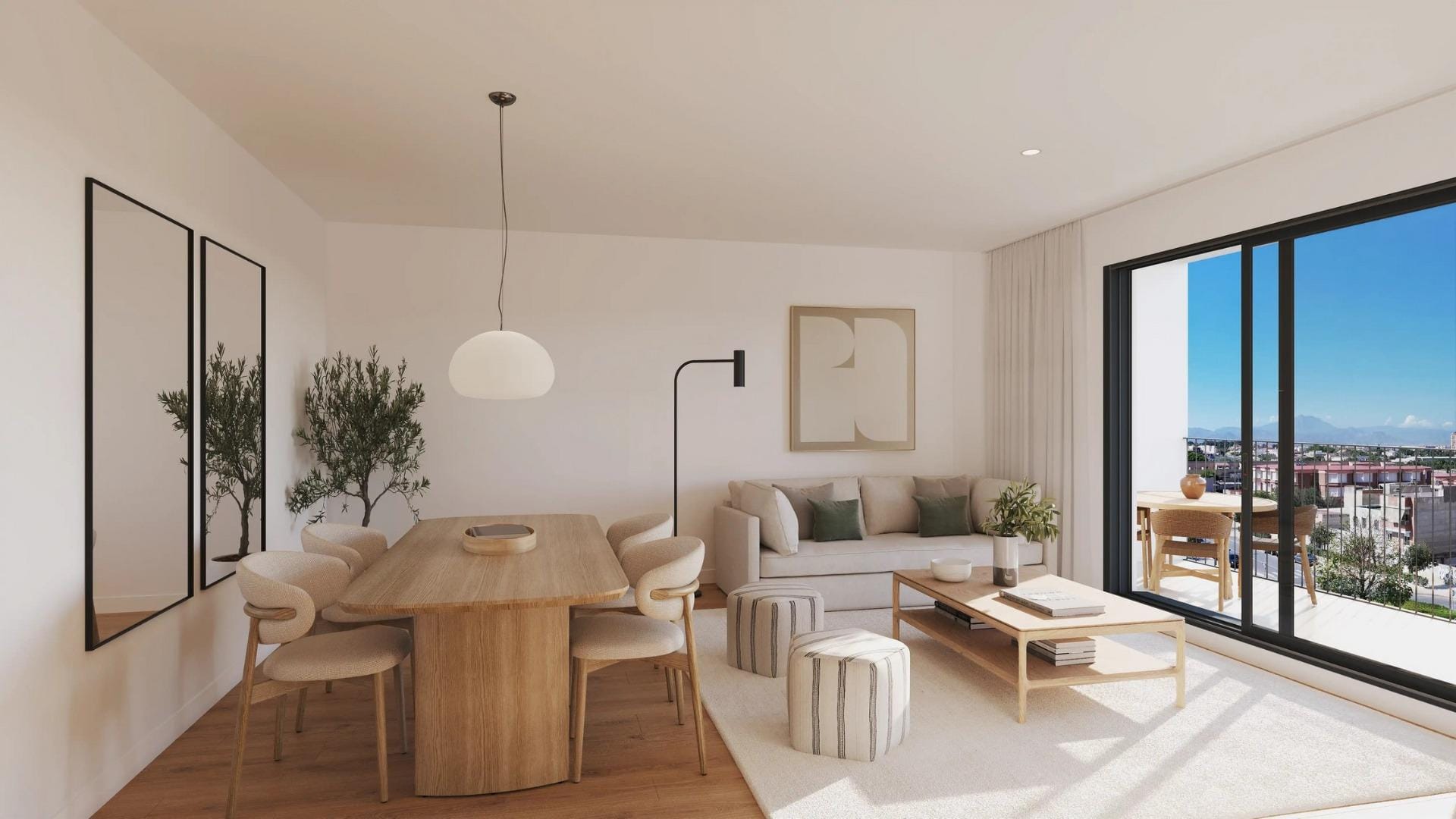 Newly-built-residential-development-in-Alicante-with-open-views-of-the-city-7 Living room with wooden dining table and balcony access in San Agustín, Alicante