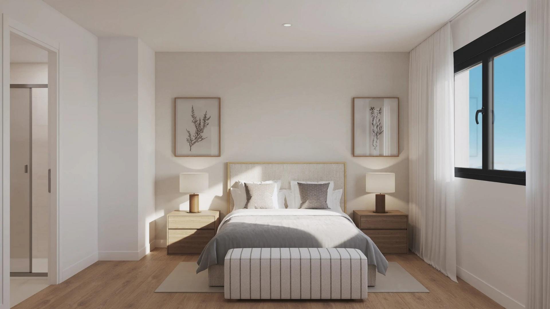 Newly-built-residential-development-in-Alicante-with-open-views-of-the-city-8 Double bedroom with bedside tables and an adjoining bathroom in San Agustín, Alicante
