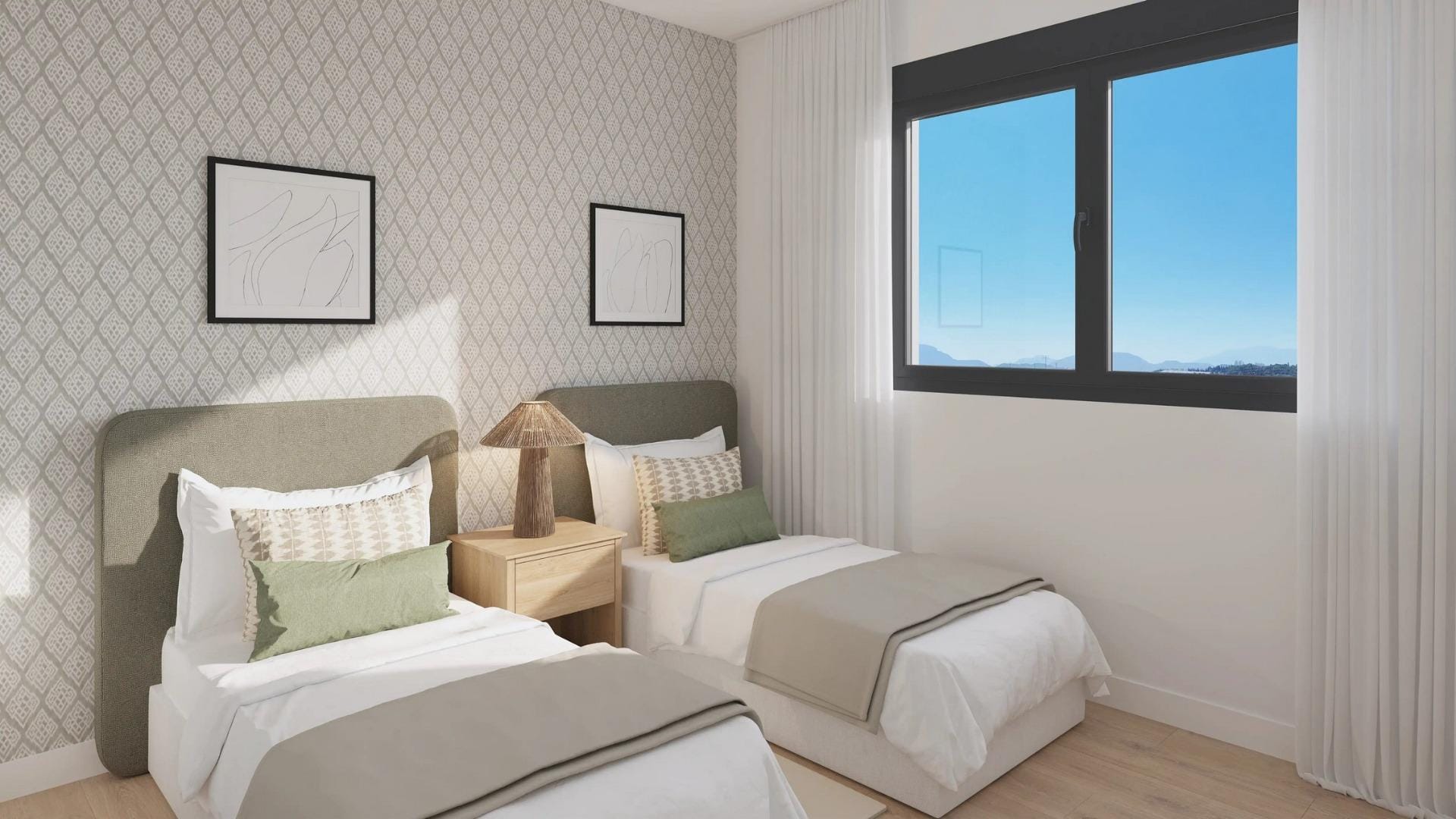 Newly-built-residential-development-in-Alicante-with-open-views-of-the-city-9 Twin bedroom with patterned wallpaper and green cushions in San Agustín, Alicante