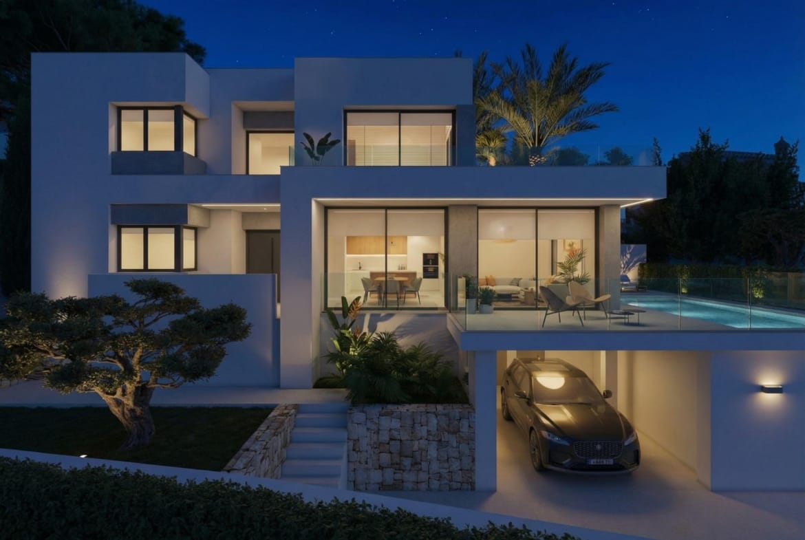 Evening villa rendering with illuminated rooms, a private pool and covered parking in Cumbre del Sol, Benitachell, Alicante
