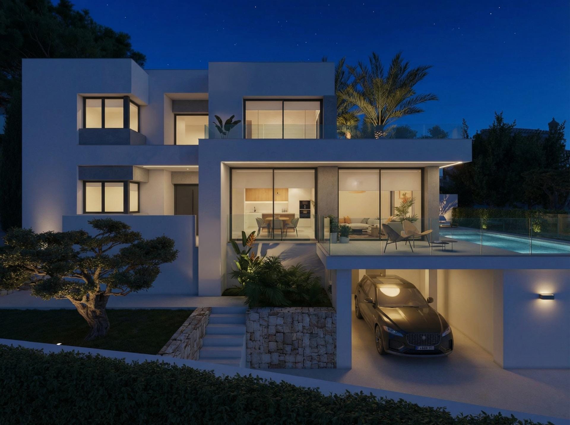 Evening villa rendering with illuminated rooms, a private pool and covered parking in Cumbre del Sol, Benitachell, Alicante