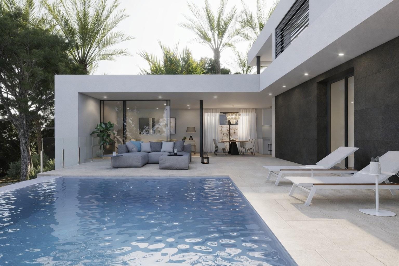 Infinity pool rendering beside a sheltered terrace and contemporary white villa in Cumbre del Sol, Benitachell, Alicante