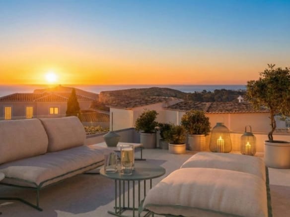 Sunset terrace rendering with outdoor sofas and Mediterranean sea views in Cumbre del Sol, Benitachell, Alicante