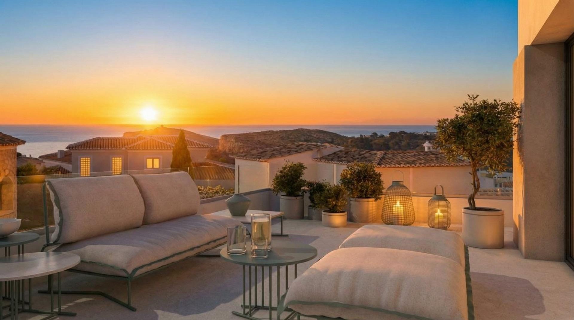 Sunset terrace rendering with outdoor sofas and Mediterranean sea views in Cumbre del Sol, Benitachell, Alicante