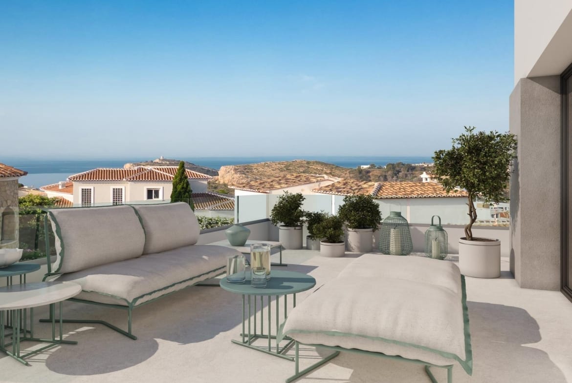 Daytime terrace rendering with outdoor seating and open sea views in Cumbre del Sol, Benitachell, Alicante