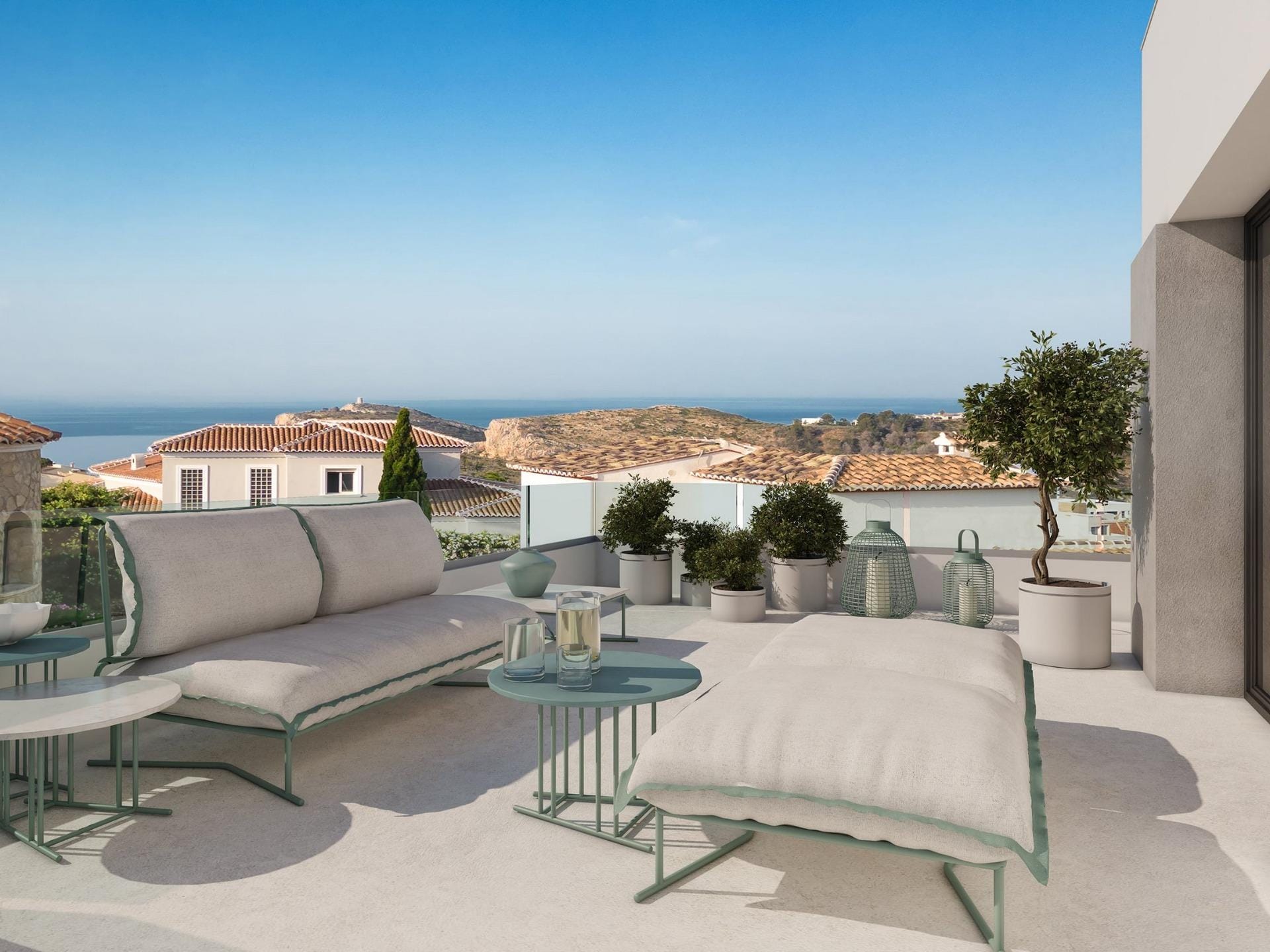 Daytime terrace rendering with outdoor seating and open sea views in Cumbre del Sol, Benitachell, Alicante