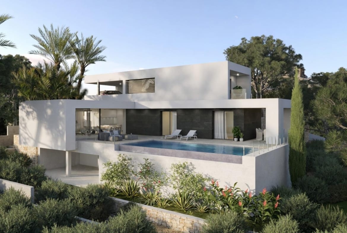 Contemporary villa rendering with two accommodation levels and an infinity pool in Cumbre del Sol, Benitachell, Alicante