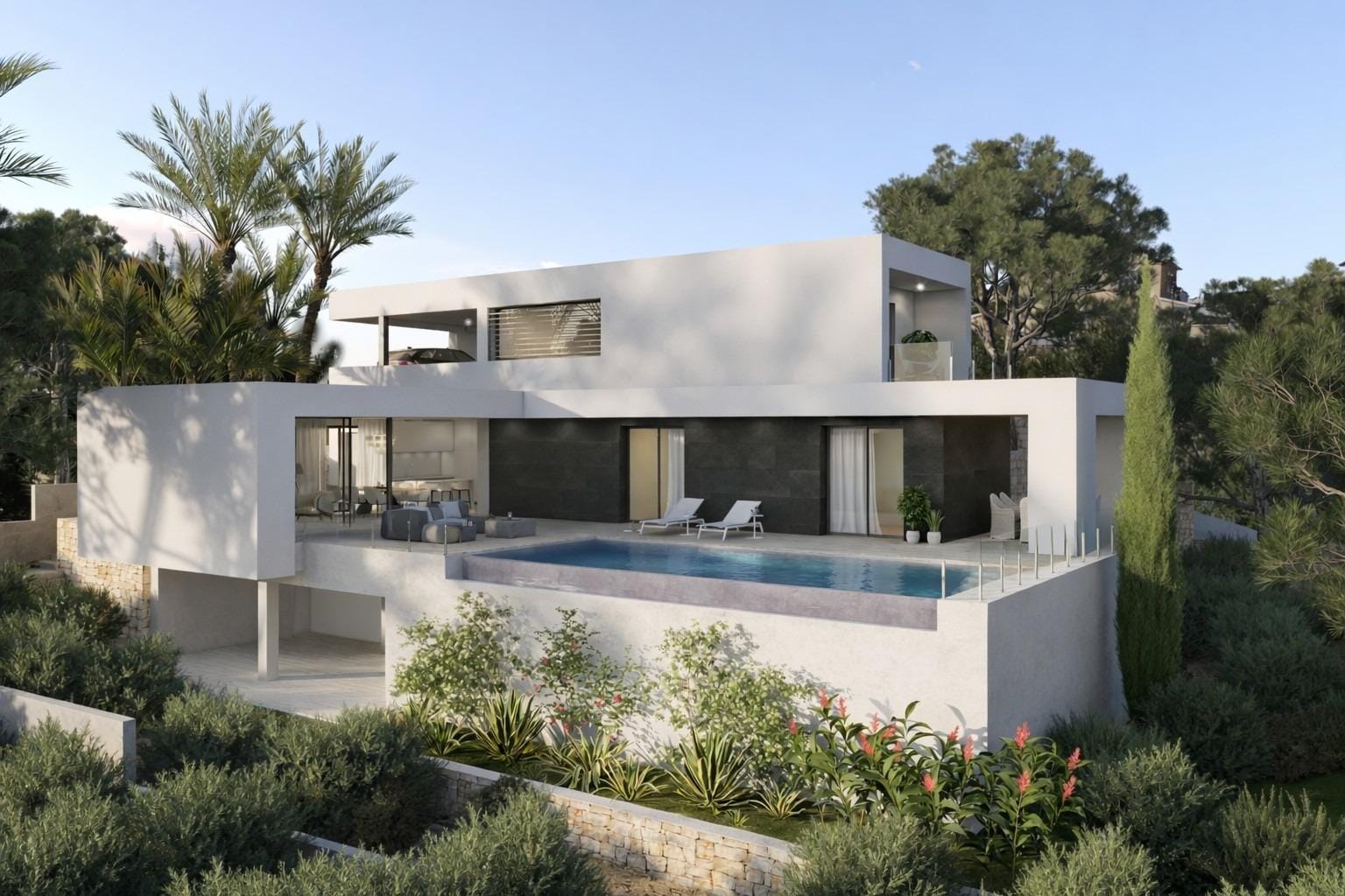 Contemporary villa rendering with two accommodation levels and an infinity pool in Cumbre del Sol, Benitachell, Alicante