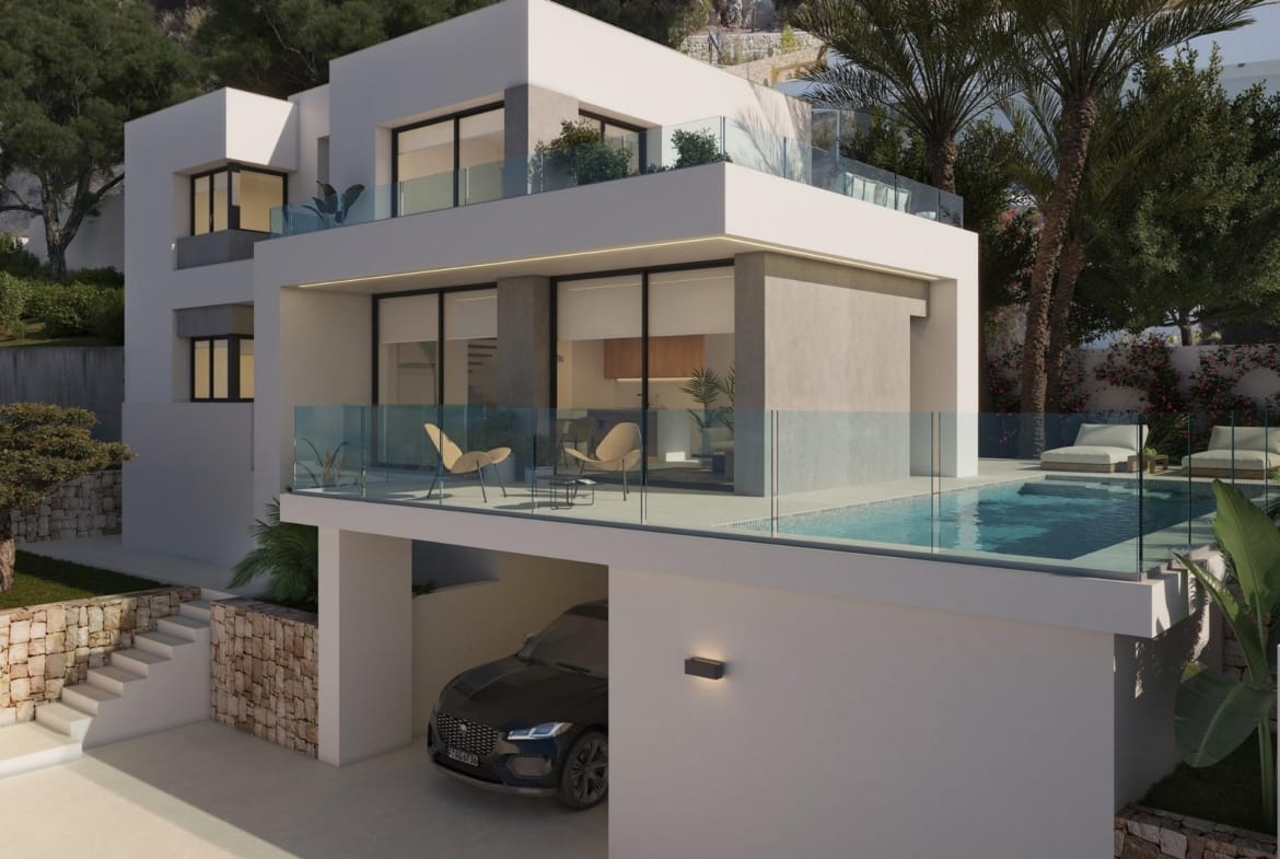 Side rendering of a contemporary villa with glass terraces, a pool and covered parking in Cumbre del Sol, Benitachell, Alicante