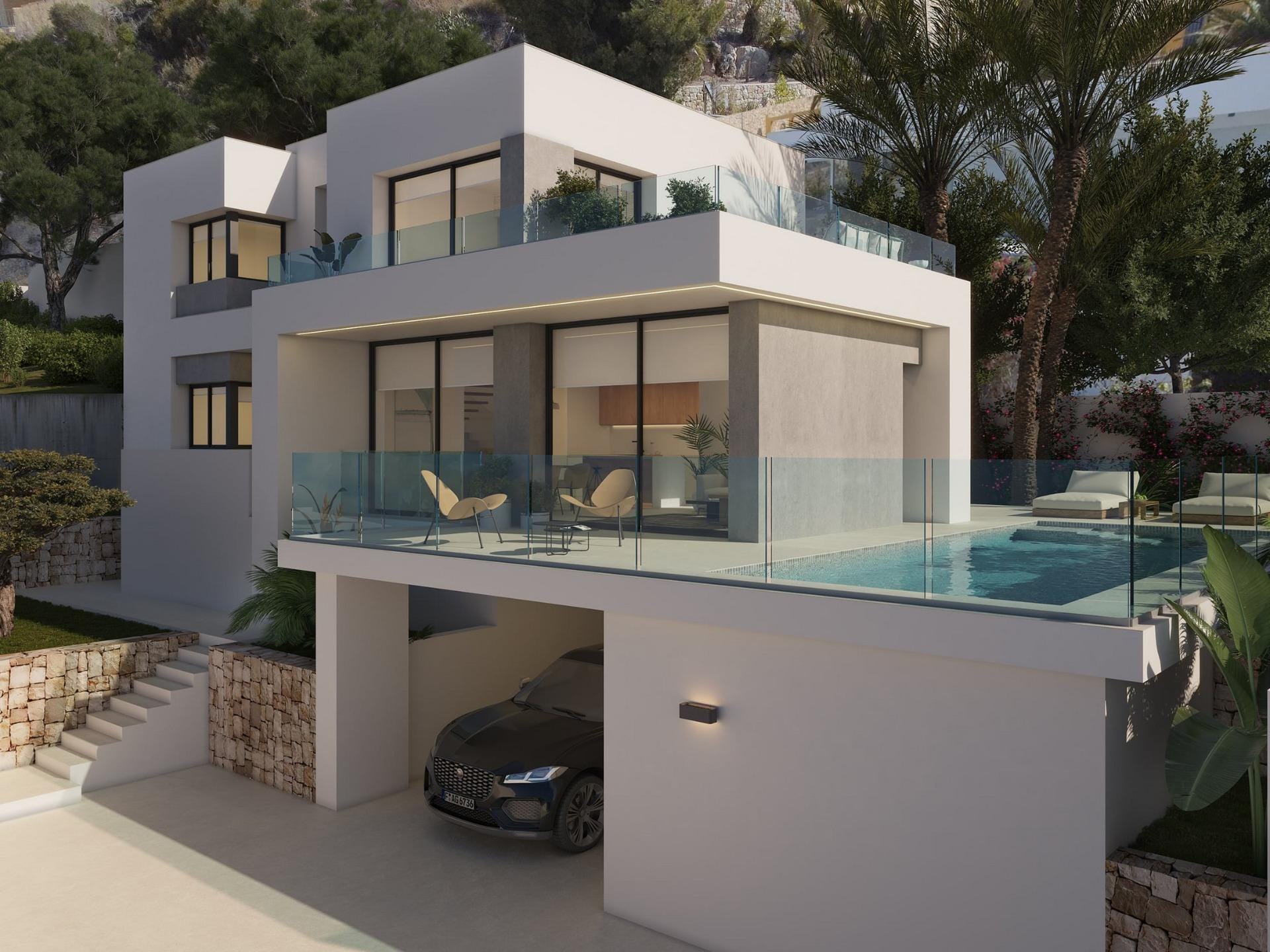 Side rendering of a contemporary villa with glass terraces, a pool and covered parking in Cumbre del Sol, Benitachell, Alicante