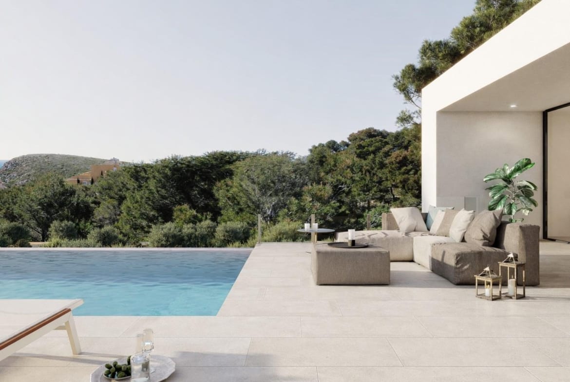 Sea-view pool terrace rendering with covered outdoor seating in Cumbre del Sol, Benitachell, Alicante
