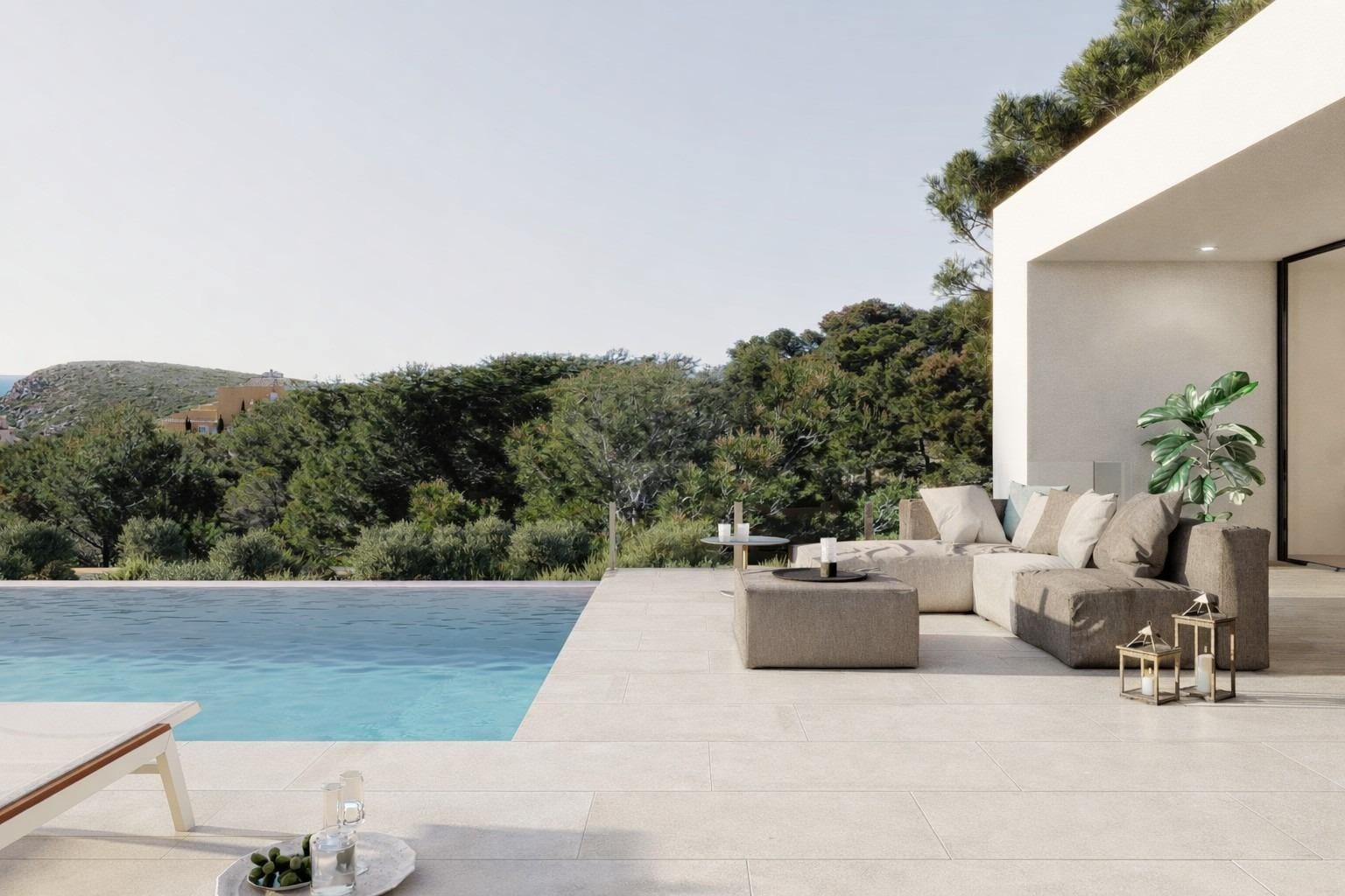 Sea-view pool terrace rendering with covered outdoor seating in Cumbre del Sol, Benitachell, Alicante