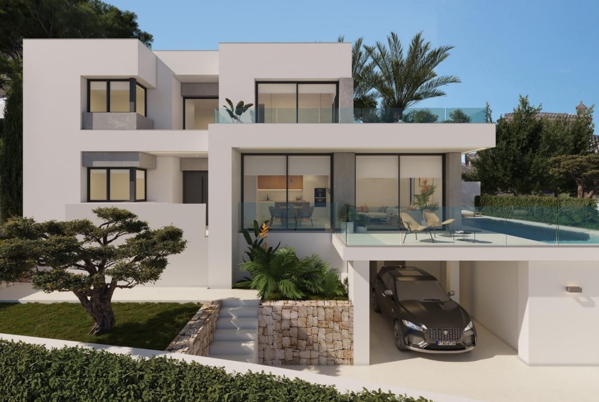 Front rendering of a white villa with a private pool and landscaped garden in Cumbre del Sol, Benitachell, Alicante