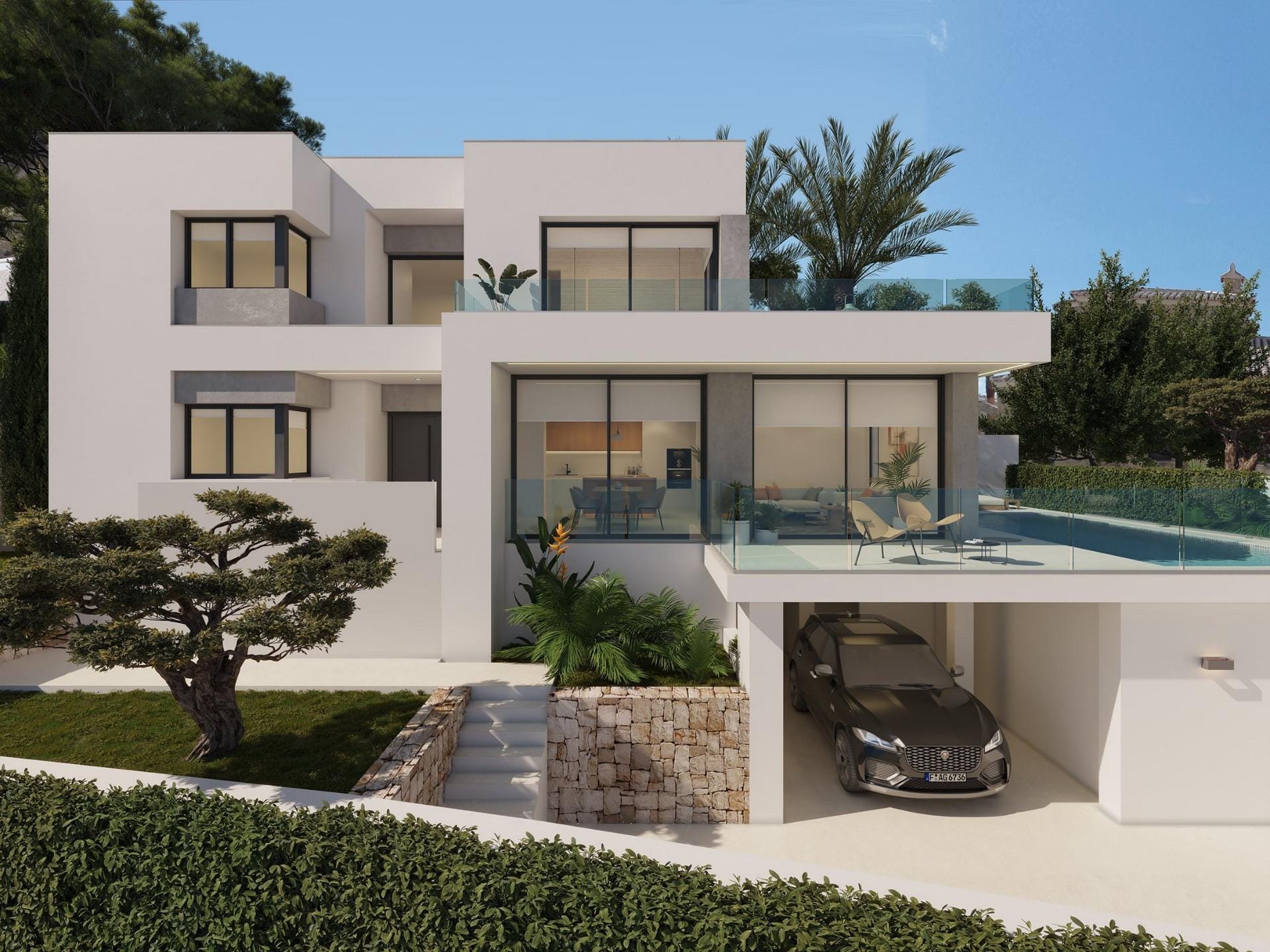 Front rendering of a white villa with a private pool and landscaped garden in Cumbre del Sol, Benitachell, Alicante