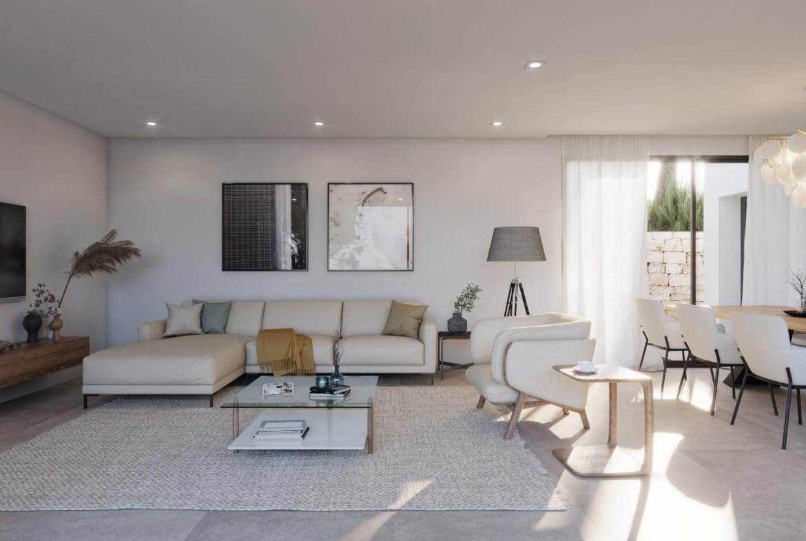 Open living and dining room rendering with a cream sofa and large terrace windows in Cumbre del Sol, Benitachell, Alicante