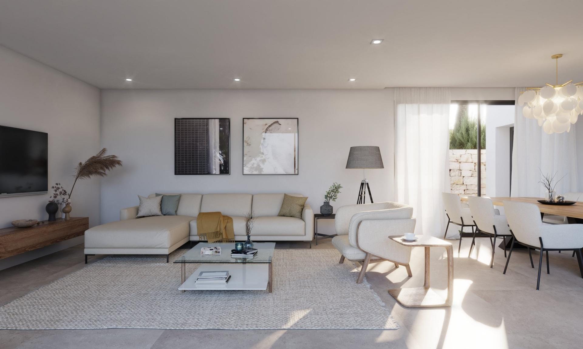 Open living and dining room rendering with a cream sofa and large terrace windows in Cumbre del Sol, Benitachell, Alicante