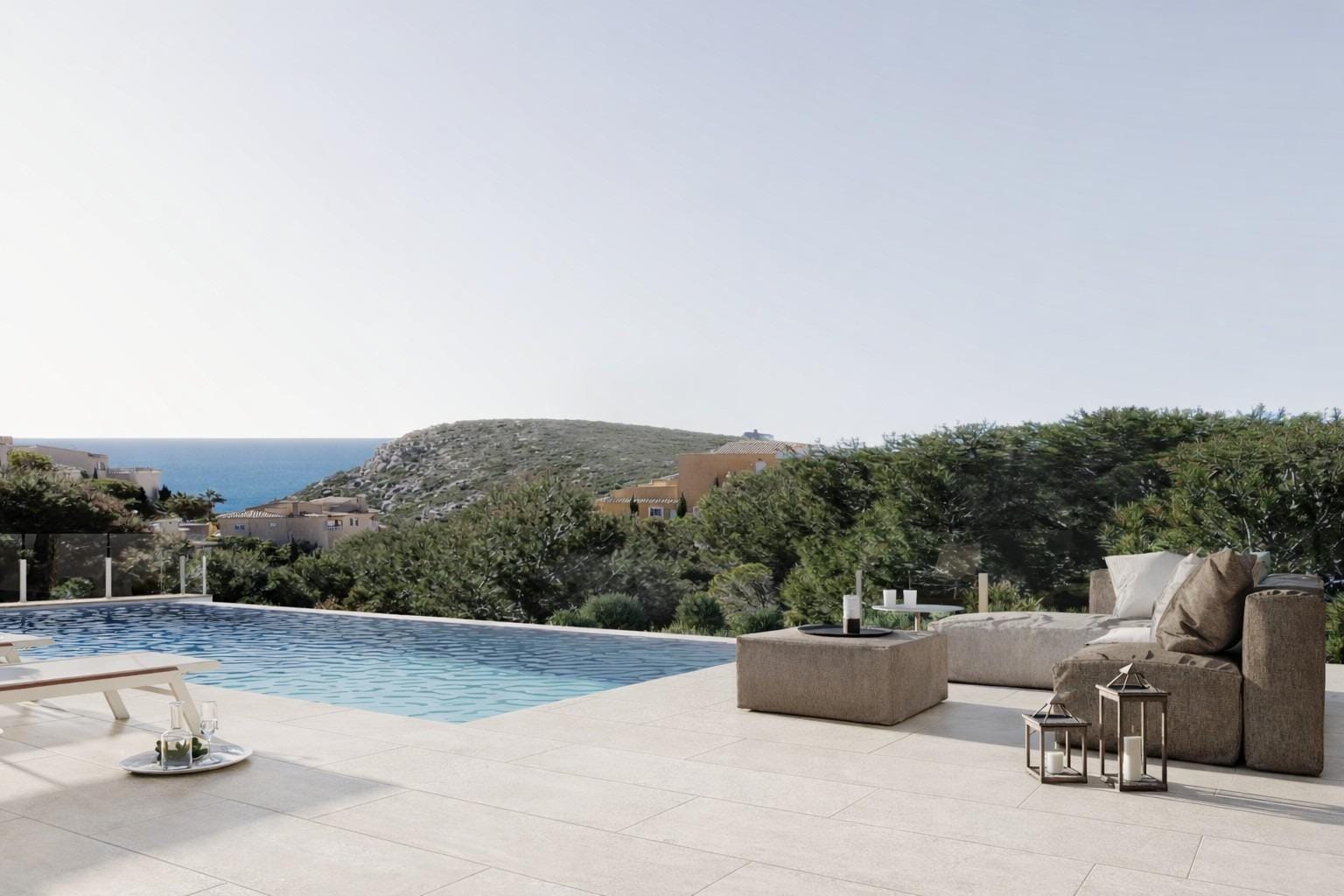 Pool terrace rendering with outdoor seating and sea views beyond wooded hills in Cumbre del Sol, Benitachell, Alicante